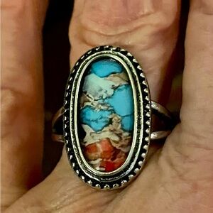 Southwestern Style Colorful Faux Stone and Silver Ring Size 7 1/2